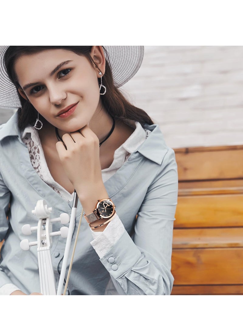 OLEVS Women's Watch, Small Wrist Rose Gold Cute Diamond Heart Shape Arabic Numeral Dial Women's Watch, Fashion Waterproof Mesh Bracelet Analog Dress Watch - Image 4