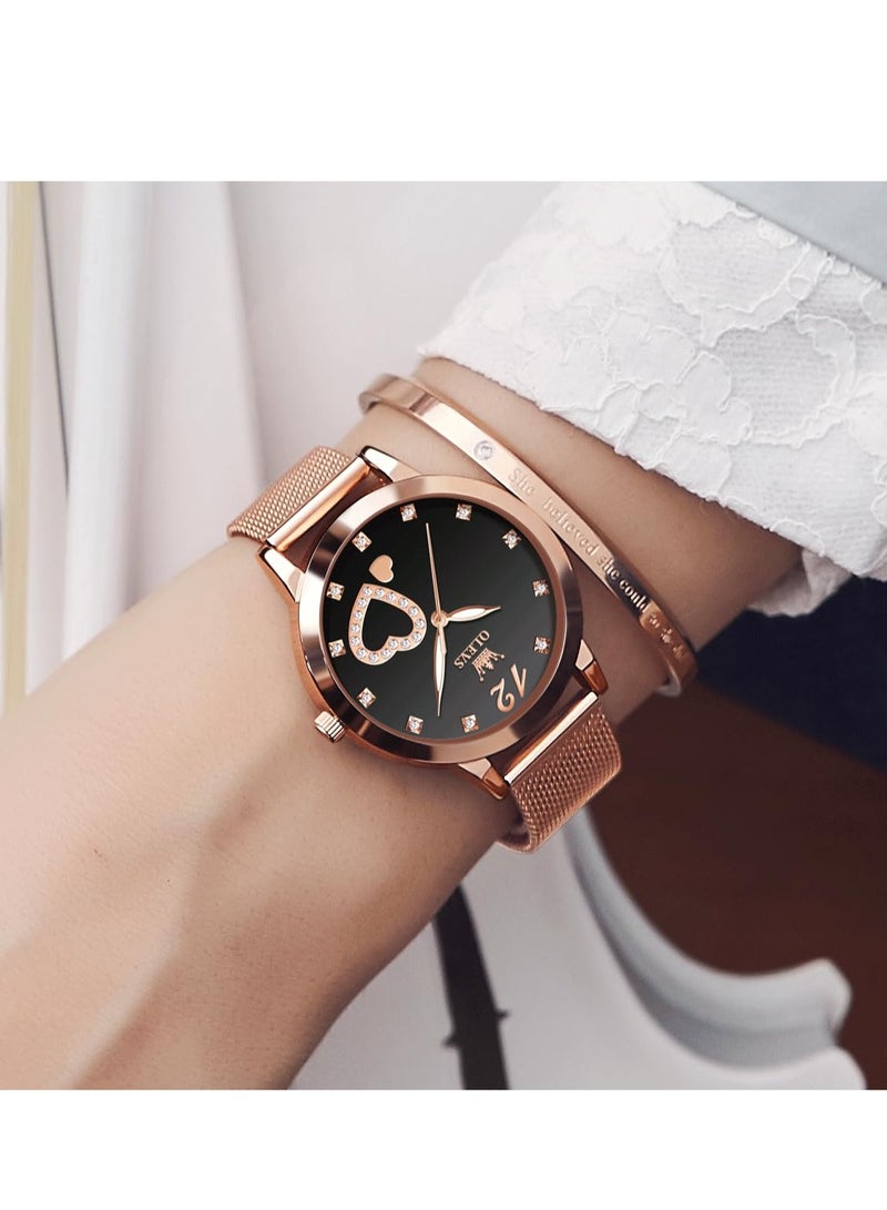 OLEVS Women's Watch, Small Wrist Rose Gold Cute Diamond Heart Shape Arabic Numeral Dial Women's Watch, Fashion Waterproof Mesh Bracelet Analog Dress Watch - Image 5