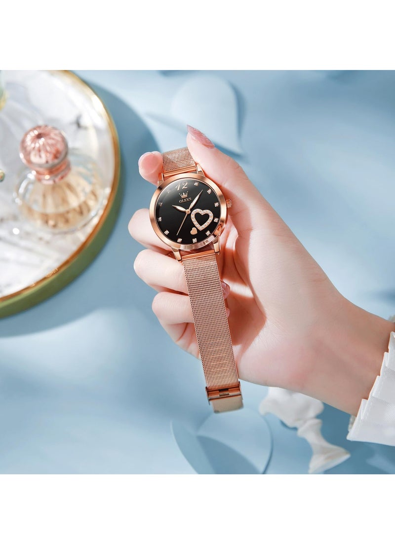 OLEVS Women's Watch, Small Wrist Rose Gold Cute Diamond Heart Shape Arabic Numeral Dial Women's Watch, Fashion Waterproof Mesh Bracelet Analog Dress Watch - Image 3