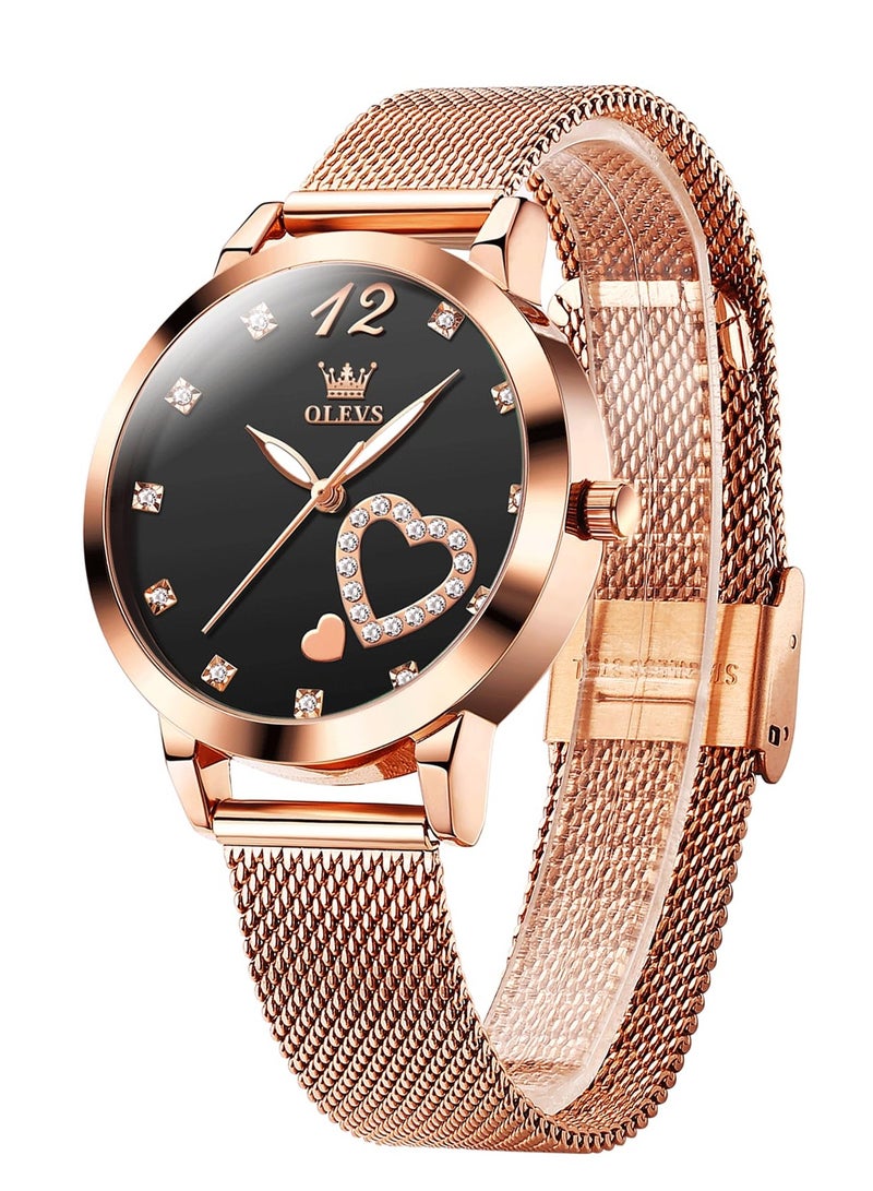 OLEVS Women's Watch, Small Wrist Rose Gold Cute Diamond Heart Shape Arabic Numeral Dial Women's Watch, Fashion Waterproof Mesh Bracelet Analog Dress Watch - Image 1
