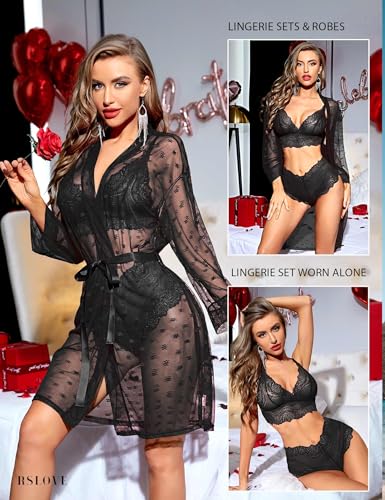 RSLOVE Women Sexy Lingerie Set 3 Piece Lace Kimono Robe with Bra and Panty Sheer Sleepwear Black L - Image 3