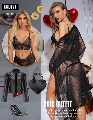 RSLOVE Women Sexy Lingerie Set 3 Piece Lace Kimono Robe with Bra and Panty Sheer Sleepwear Black L - Image 5