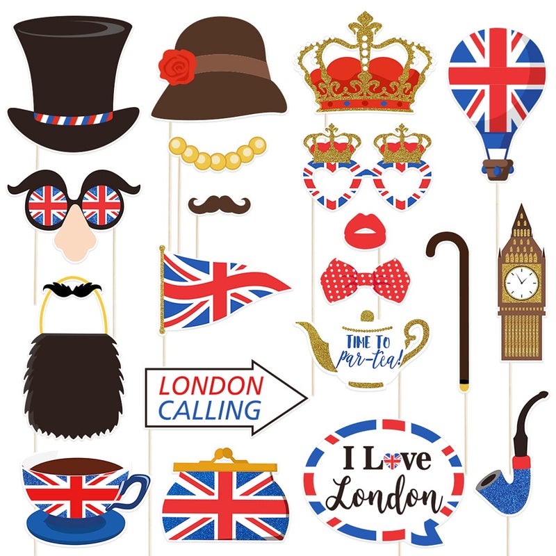 Amosfun British Photo Booth Props Funny British Party Props UK England Selfie Props for British London National Day Party Decorations,Pack of 20 - Image 1