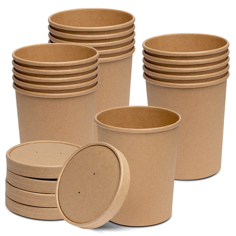 GUSTO 32 oz 25 Count Kraft Paper Food Containers with Vented Lids To Go Hot Soup Bowls Disposable Ice Cream Cups Ideal for Hot and Cold Foods Formerly Comfy Package