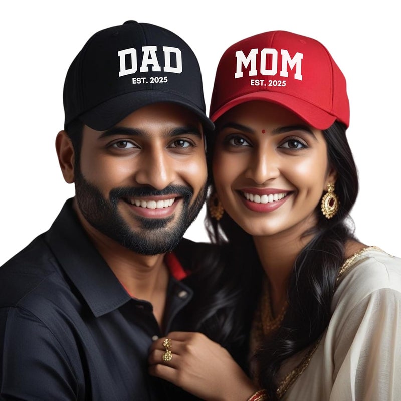 Gogirgit Mom and Dad Cotton Cap Hat - Adjustable Size | Gifts for Mom Dad | Pregnancy Announcement | Photo Shoot Prop for Parents | Pack of 2 Couple Caps - Image 2