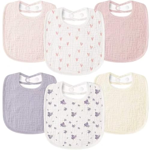 Susurration Muslin Baby Drool Bibs 6Pack Soft Square Adjustable Baby Bandana Bibs for Unisex Girls & Boys (Heart Print) - Image 1