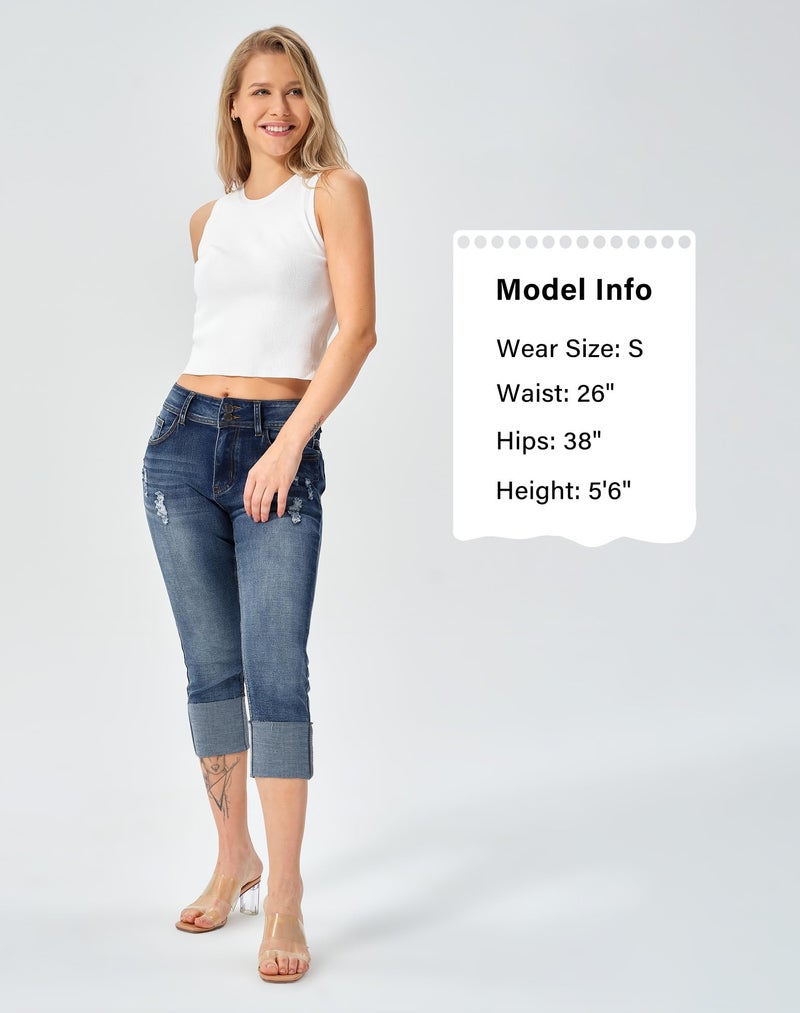 roswear Capri Jeans Stretchy for Women Skinny Cuffed Distressed Denim Pants Washed Blue Medium - Image 4