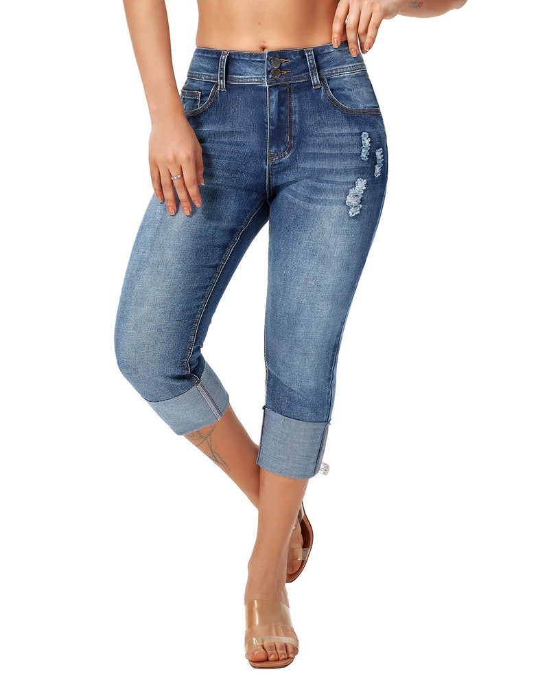 roswear Capri Jeans Stretchy for Women Skinny Cuffed Distressed Denim Pants Washed Blue Medium - Image 1
