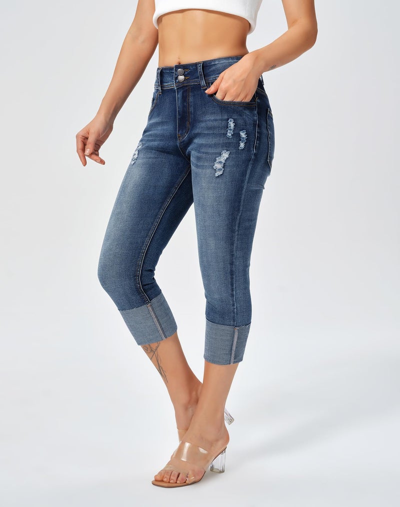 roswear Capri Jeans Stretchy for Women Skinny Cuffed Distressed Denim Pants Washed Blue Medium - Image 2