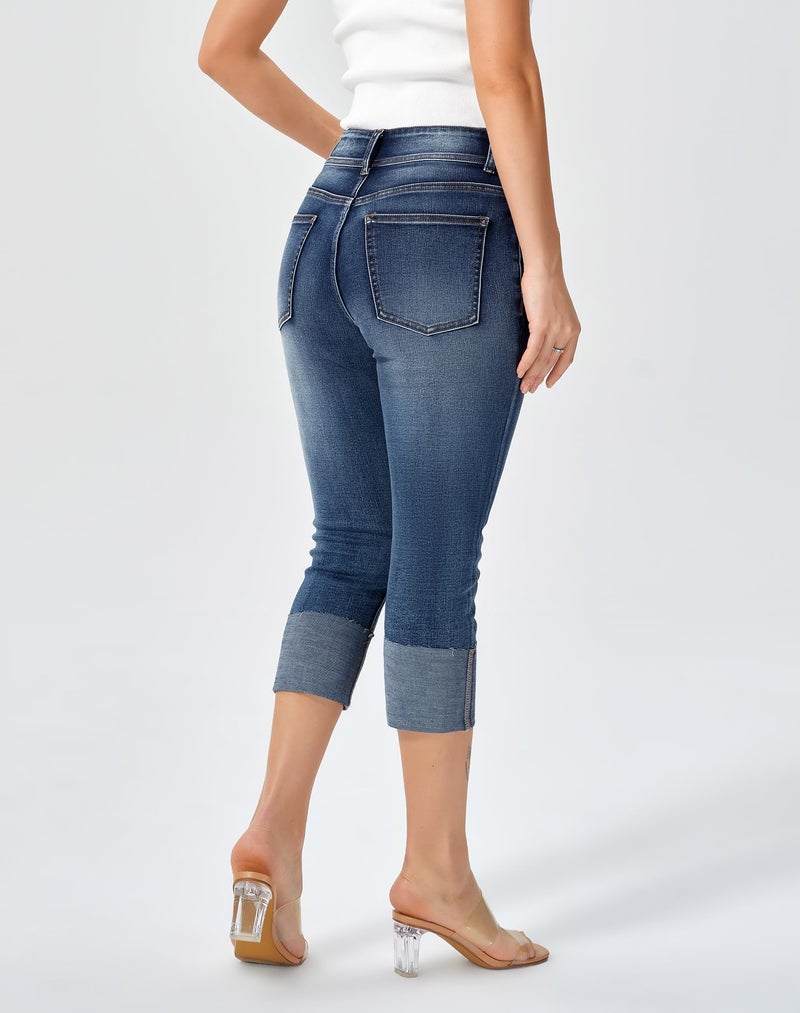 roswear Capri Jeans Stretchy for Women Skinny Cuffed Distressed Denim Pants Washed Blue Medium - Image 3