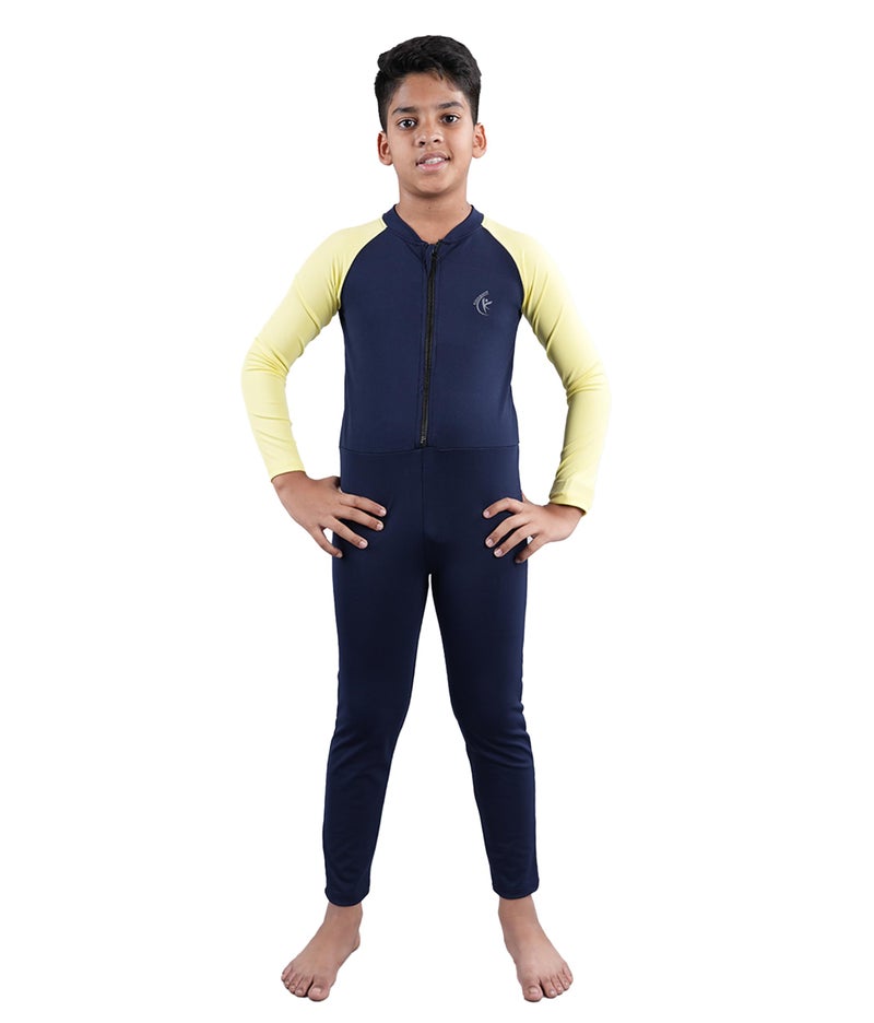 KiddoPanti Boys & Girls Swimming Full Body Suit, Navy & Yellow, 12-14Y - Image 1