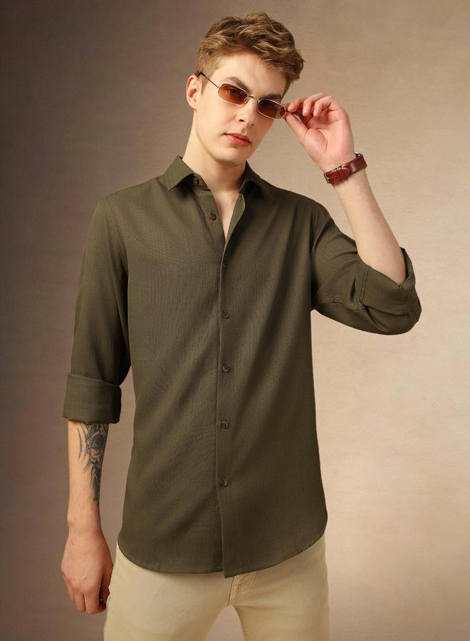 Dennis Lingo Men's Olive 100% Polyester Solid Textured Regular FiT-Shirt  - Image 1