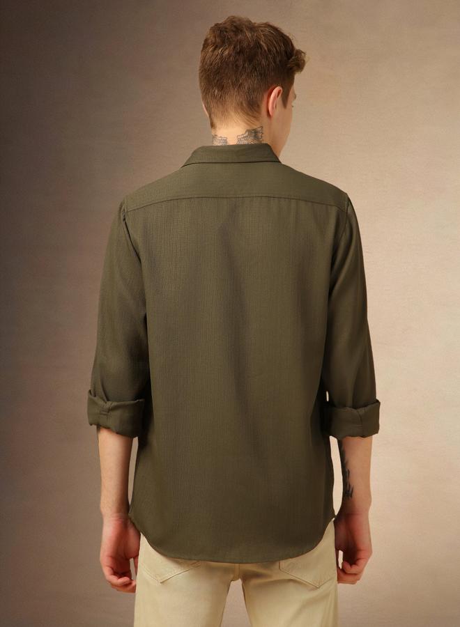 Dennis Lingo Men's Olive 100% Polyester Solid Textured Regular FiT-Shirt  - Image 3
