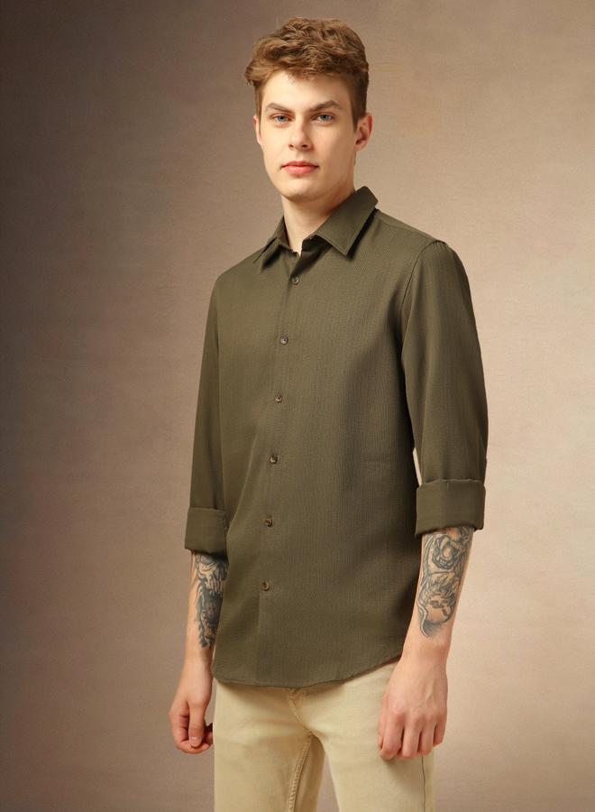 Dennis Lingo Men's Olive 100% Polyester Solid Textured Regular FiT-Shirt  - Image 2