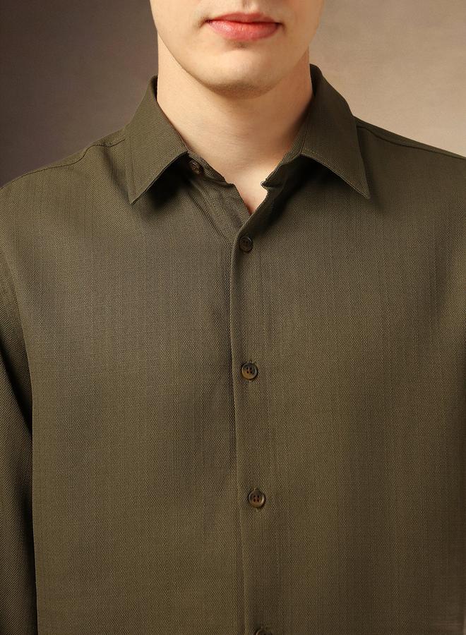Dennis Lingo Men's Olive 100% Polyester Solid Textured Regular FiT-Shirt  - Image 5