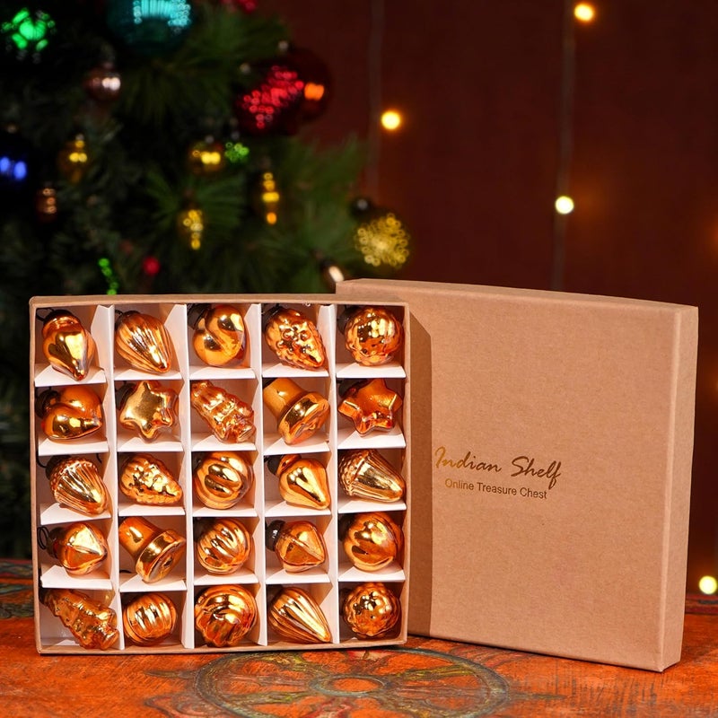 Indian-Shelf 50 Pieces Glass Copper Christmas Ornaments Decorative Mercury Mini Vintage Bulk Hanging Ornaments for Halloween Christmas Tree New Year Valentine Day Holidays Event and Wedding Party Decor - Image 2