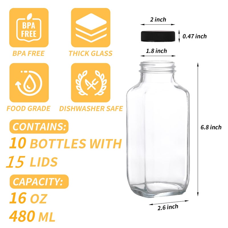 Benestanti 10 Pack 16oz Glass Juice Bottles with Lids - Reusable Juicing Bottles Glass Drinking Jars Containers with Airtight Lids & Cleaning Brush - Perfect for Juicing,Milk,Kombucha, and Storage - Image 3