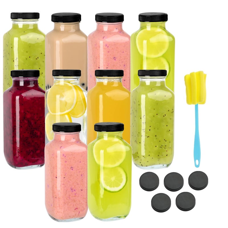 Benestanti 10 Pack 16oz Glass Juice Bottles with Lids - Reusable Juicing Bottles Glass Drinking Jars Containers with Airtight Lids & Cleaning Brush - Perfect for Juicing,Milk,Kombucha, and Storage - Image 1