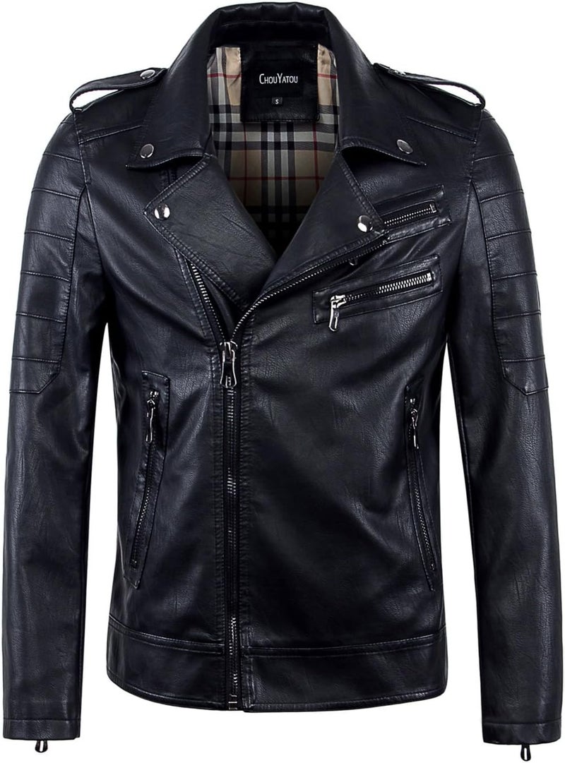 Chouyatou Men's Vintage Asymmetric Zip Lightweight Faux Leather Biker Jacket, Black - Image 1
