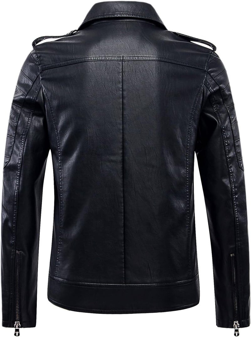 Chouyatou Men's Vintage Asymmetric Zip Lightweight Faux Leather Biker Jacket, Black - Image 2