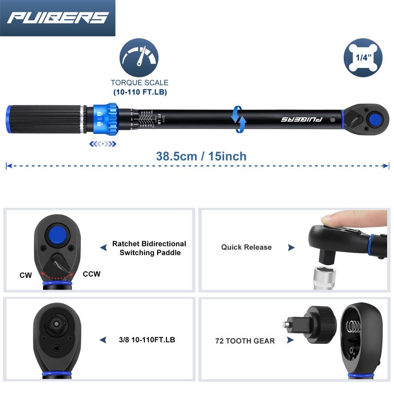 PUIBERS 3/8 inch Drive Click Torque Wrench, Click Torque Wrench 3/8 Torquimetro 10-110 FT.LB/13.6-149.2 Nm, Dual-Direction Adjustable 72 Tooth for Bike Moto and Car Repair - Image 2
