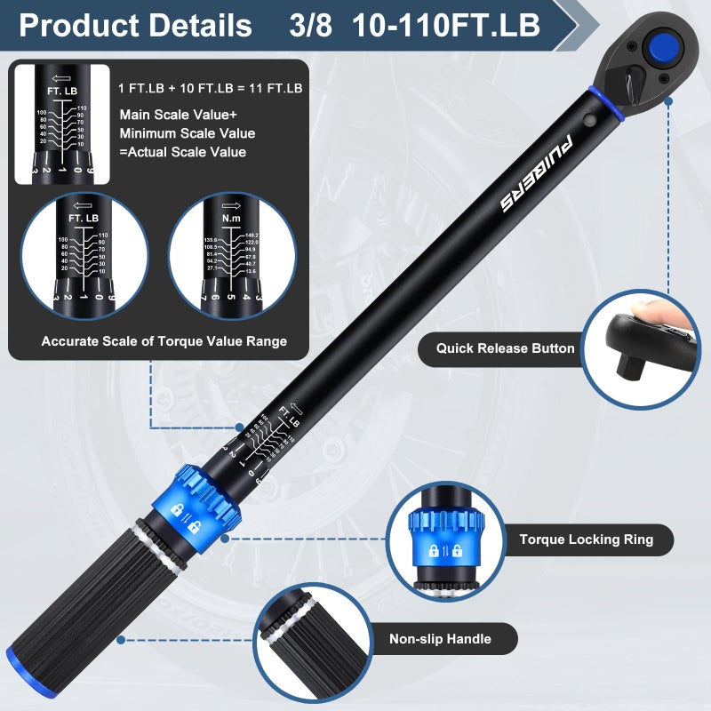 PUIBERS 3/8 inch Drive Click Torque Wrench, Click Torque Wrench 3/8 Torquimetro 10-110 FT.LB/13.6-149.2 Nm, Dual-Direction Adjustable 72 Tooth for Bike Moto and Car Repair - Image 4