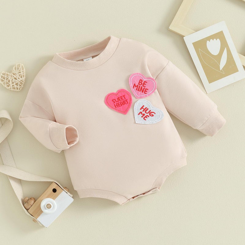 LAGKIYOJ Baby Girl Valentines Day Outfit Heart Embroidery Bubble Romper Long Sleeve Crewneck Sweatshirt Infant Spring Clothes (Apricot Heart, 12-18 Months) - Image 3