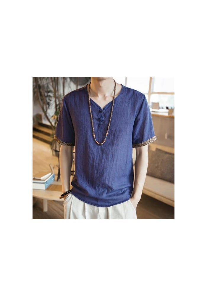 Chinese Style Men's Buckle Linen T-shirt Summer Loose Short-sleeved plus size T-shirt Thin Chinese Style Vintage Cotton and Linen T-shirt - Image 1