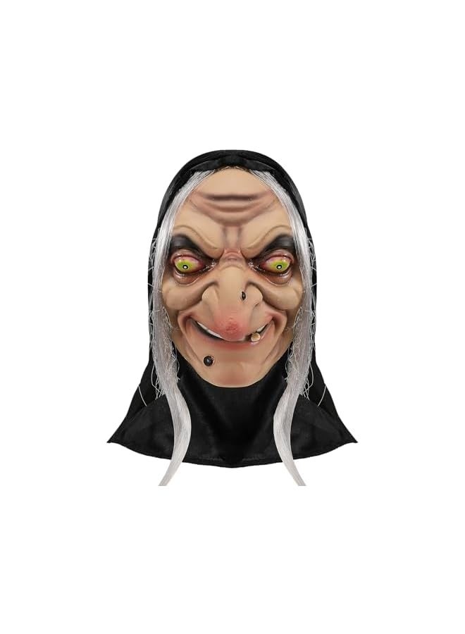 Evil Witch Mask Scary Halloween Mask Old Lady Realistic Face Mask Creepy Latex Helmet Masquerade Cosplay Costume Prop (White) - Image 1
