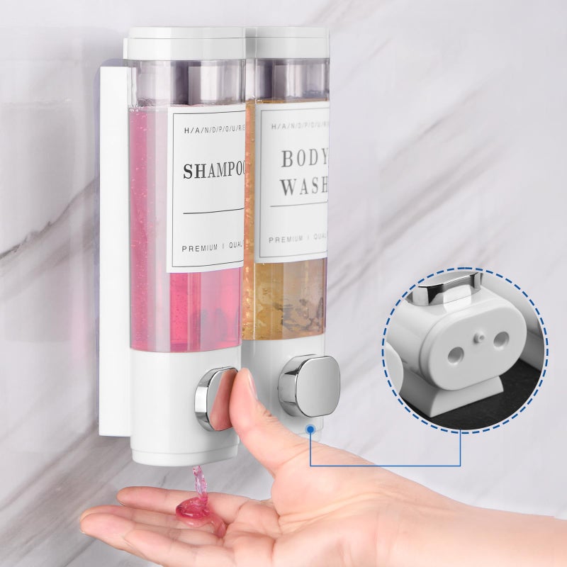 Cabo Deseado Shampoo And Conditioner Dispenser Bathroom Shower Soap Dispenser Wall Mounted Shampoo Dispenser For Shower Wall No Drill 2 * 300Ml White 2 Chamber With Waterproof Labels - Image 4