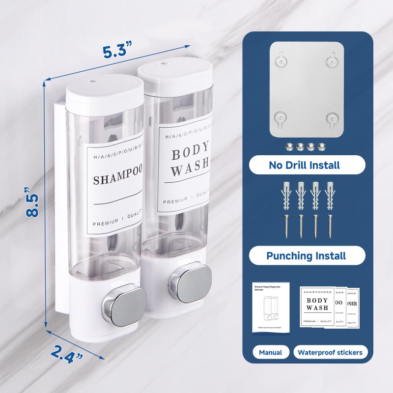 Cabo Deseado Shampoo And Conditioner Dispenser Bathroom Shower Soap Dispenser Wall Mounted Shampoo Dispenser For Shower Wall No Drill 2 * 300Ml White 2 Chamber With Waterproof Labels - Image 5