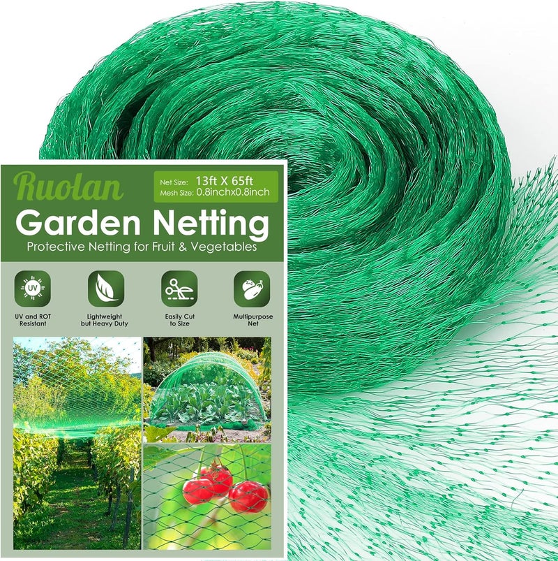 Ruolan 13X65Ft Bird Netting for Garden Protect Vegetable Plants and Fruit Trees,Plastic Trellis Netting for Birds, Deer,Squirrels and Other Animals - Image 1