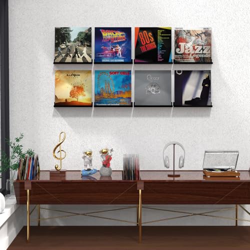 ILYXY Acrylic Vinyl Record Holder Wall Mount – 8 Pack 12-Inch Floating Vinyl Shelves, Black Record Display Frames for LP Albums & Wall Decor - Image 2