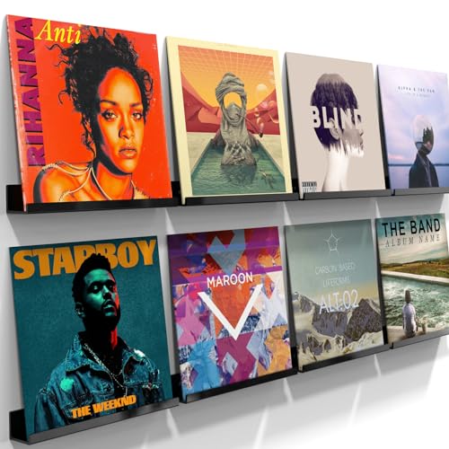 ILYXY Acrylic Vinyl Record Holder Wall Mount – 8 Pack 12-Inch Floating Vinyl Shelves, Black Record Display Frames for LP Albums & Wall Decor - Image 1