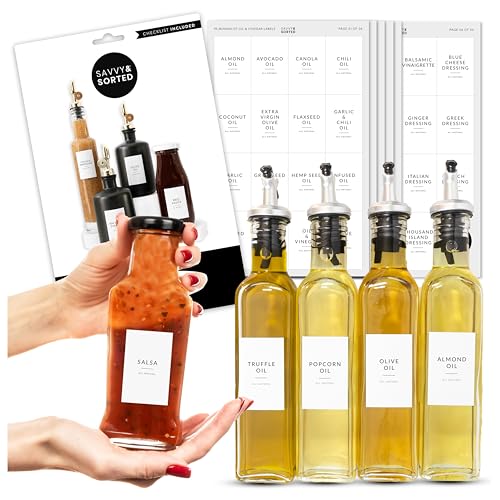 SAVVY & SORTED Minimalist Oil Bottle Labels, 95 Preprinted Pantry Stickers for Oils and Vinegar Dispenser Glass Bottles, Condiment Jars, Waterproof Removable, Kitchen Organization - Image 1