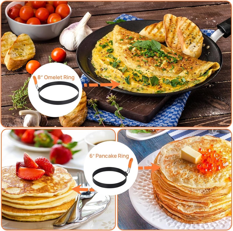 Hhyn Egg Rings for Griddle Frying Eggs Upgraded 4 Packs, Pancake Shapers with Orange Silicone Handle Non-stick Egg Molds for cooking Breakfast Omelette Sandwiches (3", 3.5", 6", 8") - Image 4