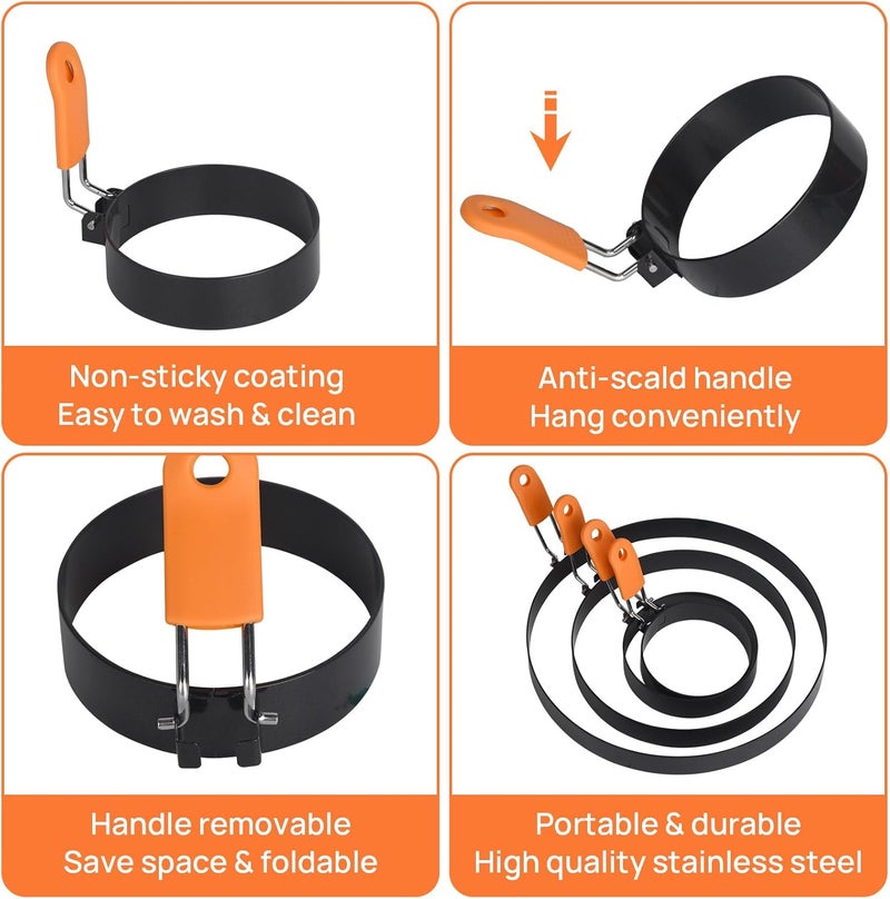 Hhyn Egg Rings for Griddle Frying Eggs Upgraded 4 Packs, Pancake Shapers with Orange Silicone Handle Non-stick Egg Molds for cooking Breakfast Omelette Sandwiches (3", 3.5", 6", 8") - Image 3