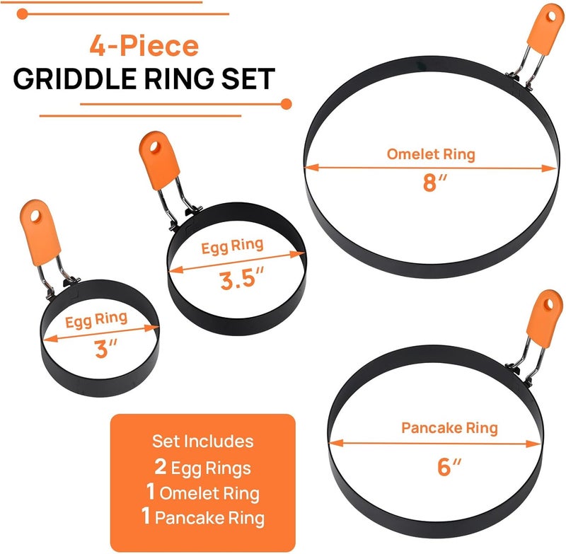 Hhyn Egg Rings for Griddle Frying Eggs Upgraded 4 Packs, Pancake Shapers with Orange Silicone Handle Non-stick Egg Molds for cooking Breakfast Omelette Sandwiches (3", 3.5", 6", 8") - Image 2