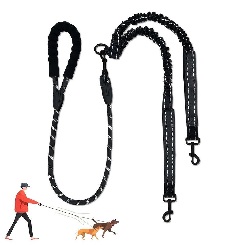 Black Detachable Dual Dog Leash Tangle Free Coupler Reflective Elastic Band With 3 Handles D Ring Extra Extra Long For Walking - Image 1