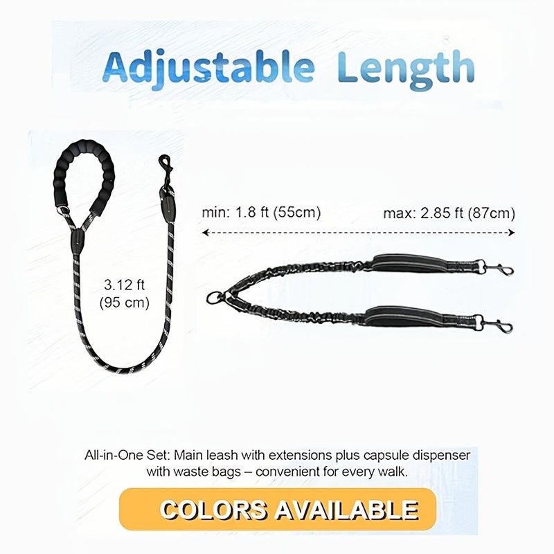 Black Detachable Dual Dog Leash Tangle Free Coupler Reflective Elastic Band With 3 Handles D Ring Extra Extra Long For Walking - Image 2