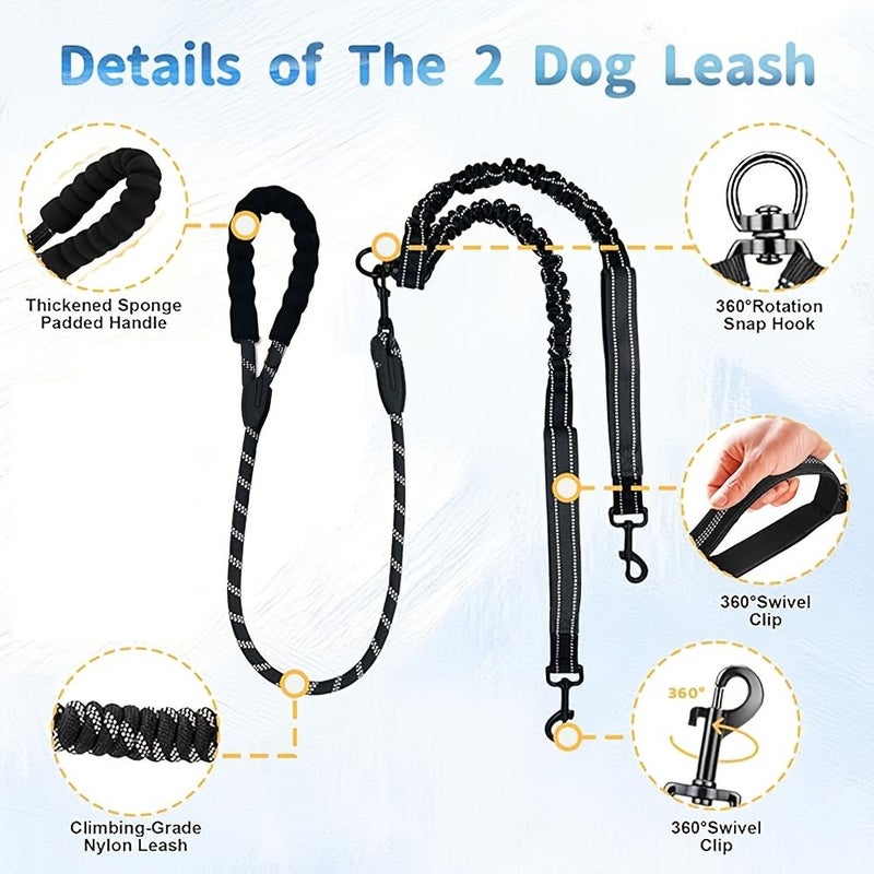 Black Detachable Dual Dog Leash Tangle Free Coupler Reflective Elastic Band With 3 Handles D Ring Extra Extra Long For Walking - Image 3