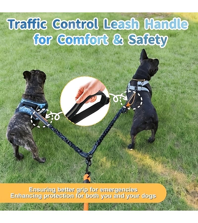 Black Detachable Dual Dog Leash Tangle Free Coupler Reflective Elastic Band With 3 Handles D Ring Extra Extra Long For Walking - Image 5