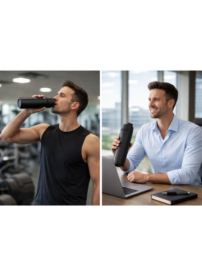 زجاجة مياه أوالا من الفولاذ المقاوم للصدأ، مزودة بماصة بلاستيكية وفولاذية، وغطاء مانع للتسرب بفتحة واسعة، تصميم سهل الفتح بضغطة واحدة، زجاجة رياضية وسفر قابلة لإعادة الاستخدام، سعة 800 مل، لون أسود - Image 2