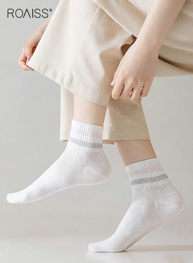roaiss 5 Pairs  Women's Mid-Calf Socks Mesh Breathable, Sweat-Wicking, Odor-Resistant Striped Socks Spring/Summer Casual Athletic Pure Cotton Non-Slip Socks for Ladies - Image 2