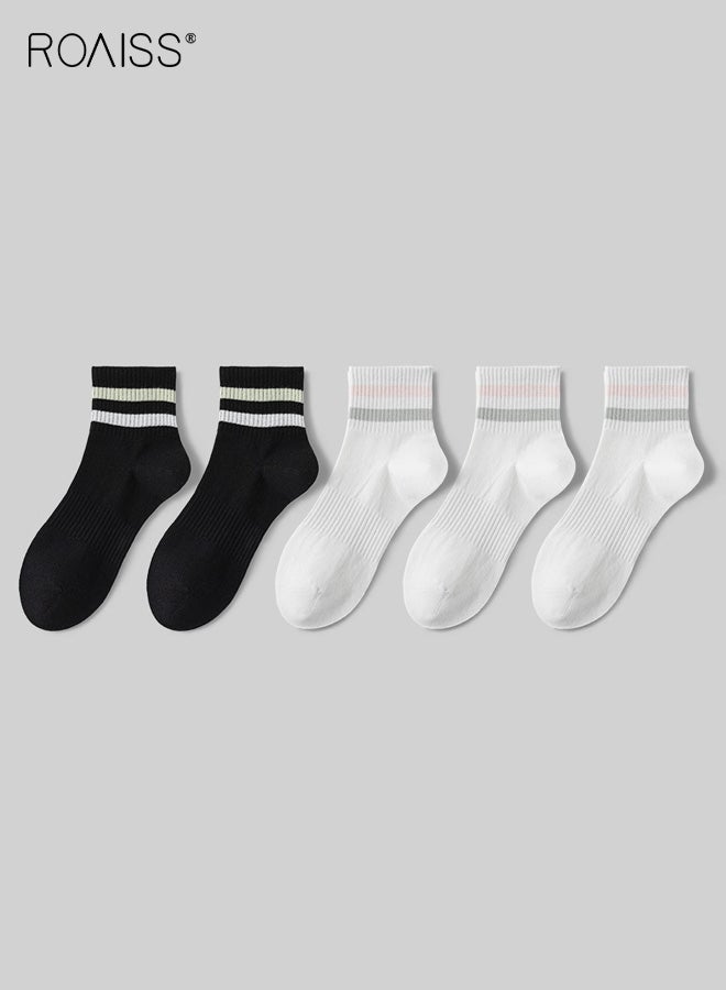 roaiss 5 Pairs  Women's Mid-Calf Socks Mesh Breathable, Sweat-Wicking, Odor-Resistant Striped Socks Spring/Summer Casual Athletic Pure Cotton Non-Slip Socks for Ladies - Image 1
