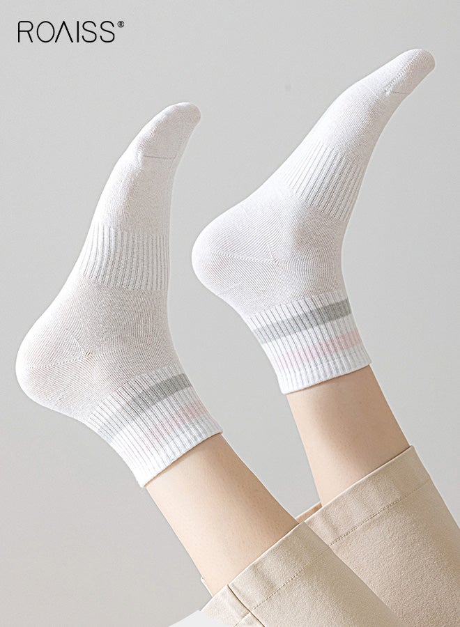 roaiss 5 Pairs  Women's Mid-Calf Socks Mesh Breathable, Sweat-Wicking, Odor-Resistant Striped Socks Spring/Summer Casual Athletic Pure Cotton Non-Slip Socks for Ladies - Image 4