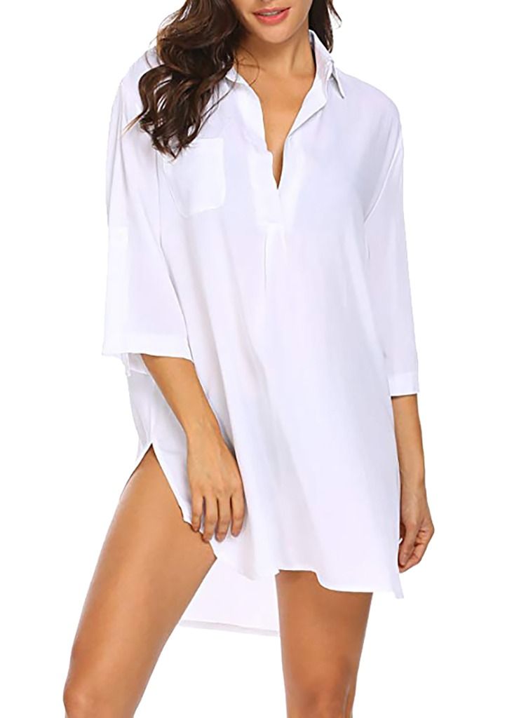 Loquat Women's Swimsuit Beach Cover Up Shirt Bikini Beachwear Bathing Suit Beach Dress White - Image 1