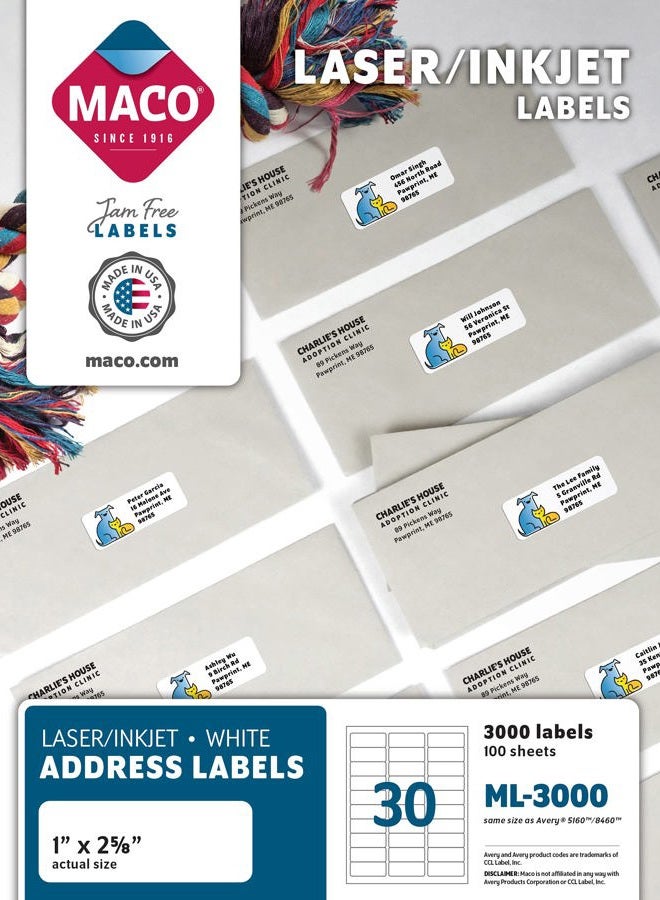 MACO ML3000 White Laser/Inkjet Shipping & Address Labels, 1 x 2 5/8 (Box of 3000) - Image 1