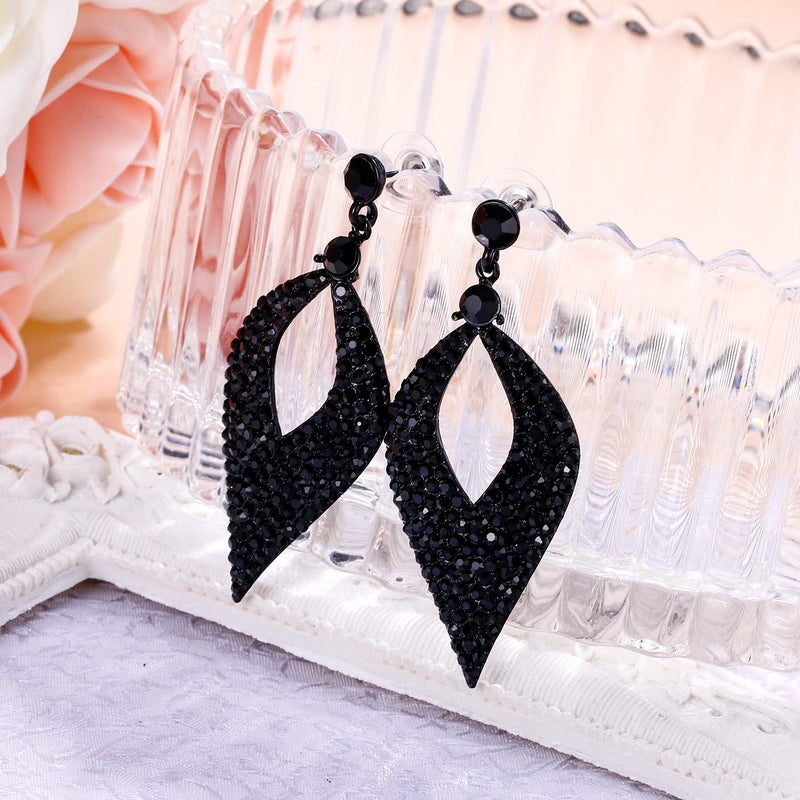 BriLove Wedding Earrings for Women Crystal Hollow Leaf Chandelier Jewelry Black Black-Tone - Image 5