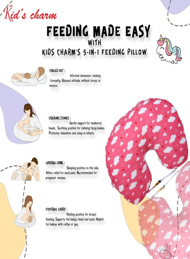 Kid's Charm وسادة رضاعة الأطفال حديثي الولادة المحمولة من كيدز تشارم كلاود-ميني 6 في 1 من 0 إلى 4 أشهر | وسادة رضاعة بغطاء قابل للإزالة، وسادة قطنية (وردي) - Image 4